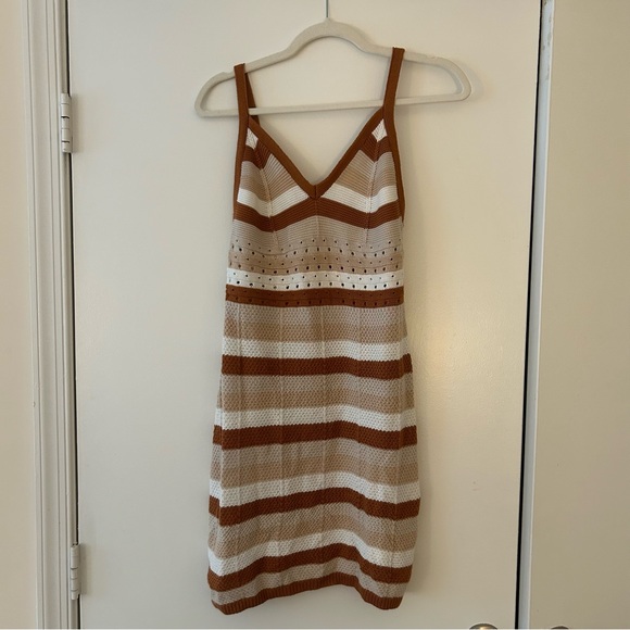 Ultra Flirt Brown and Cream Striped Crochet Mini Dress - Picture 1 of 5